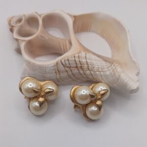Kate Hines Gold tone and Faux Pearl Clip On Earrings